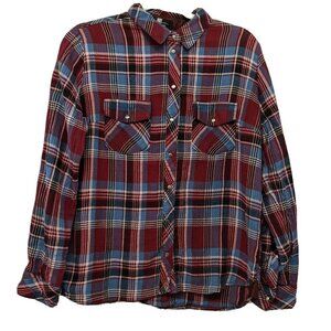 KUT from the Kloth Snap Button Up Shirt Women's Sz Medium Maroon Blue Plaid